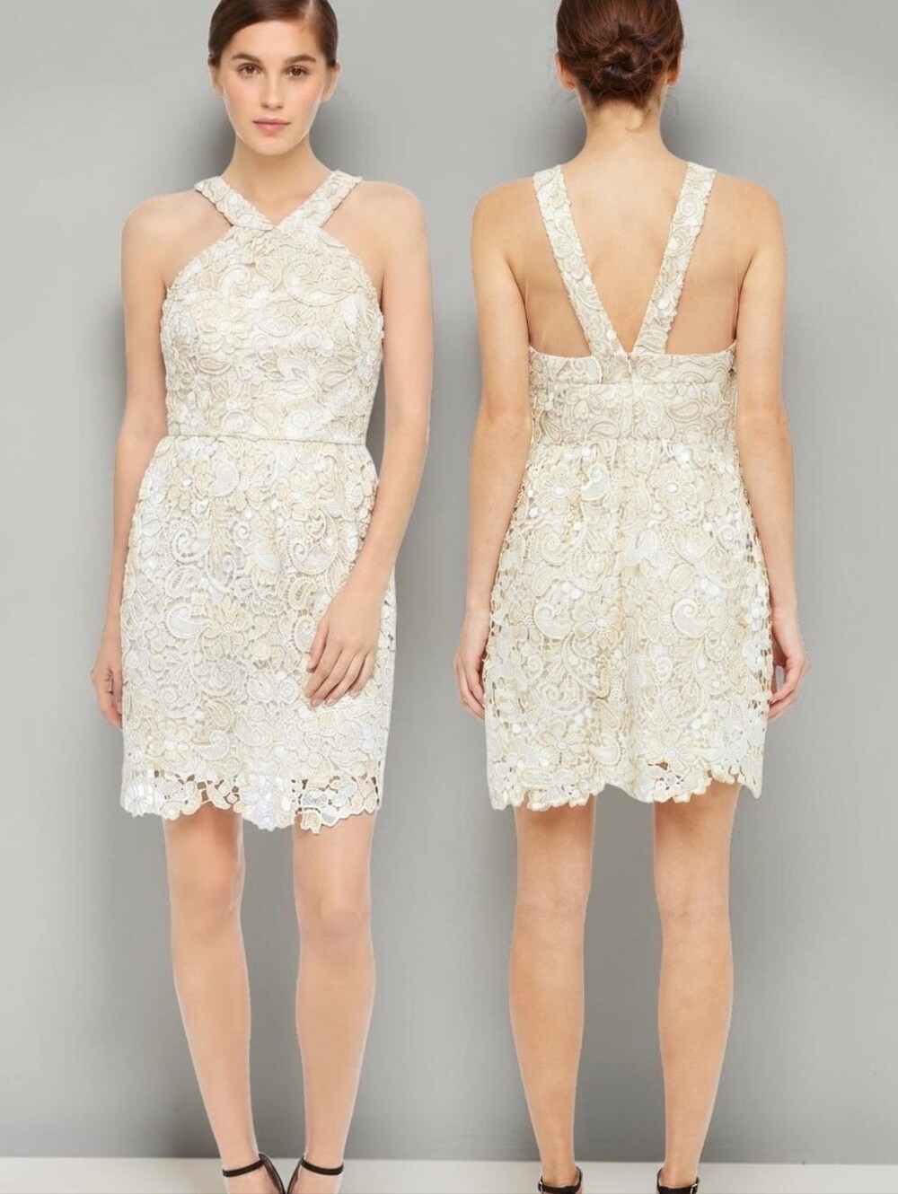 CLUB MONACO Doina Cream & Gold Lace Halter Dress - Size 10
